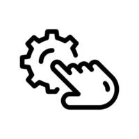 Hand cursor icon pointing at a gear symbol indicating settings selection interaction vector