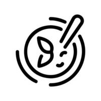 Outline Icon of a Round Bowl Containing Soup with Herbs and Spoon vector