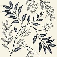 Seamless pattern of hand-drawn botanical leaves and vines, black ink line art on cream background, minimal vintage style vector