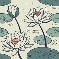 Seamless lotus flower and lily pad pattern, with splash effects and reflective water vector