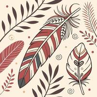 Seamless boho foliage pattern with hand-painted feathers, branches, and wild leaves, earthy color palette, tribal vibe vector