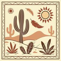 Boho Desert Seamless Pattern with Succulents and Feathers vector