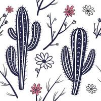 Hand-drawn seamless cactus pattern with small wildflowers, sketchy ink style, white background vector