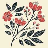 Flat vec floral pattern with flower clusters and leafy branches, mid-century modern style vector