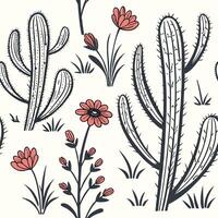 Hand drawn seamless cactus pattern with small wildflowers, sketchy ink style, white background vector