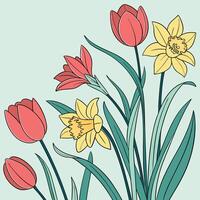 Hand-painted tulips and daffodils pattern, light sky blue background, joyful spring vibe vector