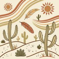 Boho desert seamless pattern with succulents, feathers, and sun symbols, earthy tones vector