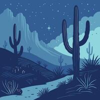Desert night seamless pattern with glowing cacti and starry sky elements, deep blue palette vector