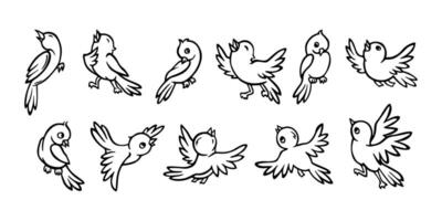 Birds from Signs of Spring collection. Set of isolated outline silhouettes of cartoon birds - flying, sitting, chirping, with spread and folded wings for coloring books, postcards, printing vector