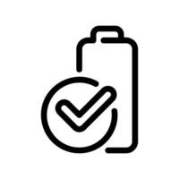 Vertical battery icon with a checkmark symbol indicating completion or approved status check vector