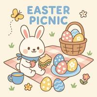 Easter is joyful day filled with colorful eggs and delightful picnics. cute bunny enjoys sandwich and strawberries while surrounded by decorated eggs and flowers vector