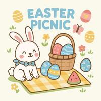 Easter is joyful day filled with colorful eggs and cute bunny enjoying delightful picnic surrounded by flowers and cheerful decorations vector