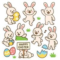 Cute bunnies celebrate Easter day with joy and playfulness. They hold colorful eggs and share smiles while spreading happiness during this festive occasion vector
