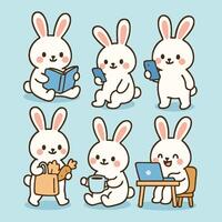 Cute bunnies engage in various activities like reading, using phone, and enjoying drink on cheerful day. These adorable characters bring joy and warmth to any Easter celebration vector