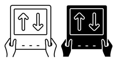 Linear icon. Sports match referee hand showing electronic scoreboard for player substitution. Simple black and white image isolated on white background vector