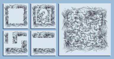 abstract square backgrounds of small hand drawn chaotic loop lines. Random children doodles of scribbles. Isolated image vector