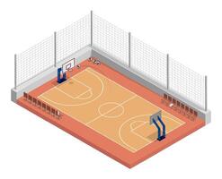 isometric basketball court with net, parquet floor and markings lines. Basketball playground top view. Sports ground for active recreation. Realistic 3d isolated on white back vector