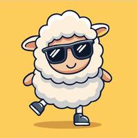 Cartoon Sheep With Sunglasses And A Happy Expression Standing On Yellow Background vector