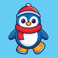 Cute Penguin Character Wearing Winter Clothes Walking On A Blue Background vector
