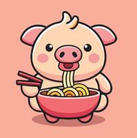Adorable Pig Cartoon Character Enjoying A Bowl Of Ramen Noodles With Chopsticks vector