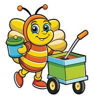 Smiling Bee Cartoon Character With Honey Bucket And Pulling Wagon vector