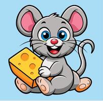 Cute Cartoon Mouse Holding Cheese Block Illustration Happy Rodent Character Design vector