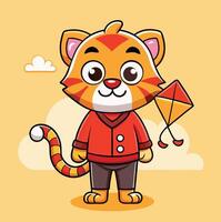 Cheerful Cartoon Tiger Standing And Holding A Red Kite With Smiling Expression vector