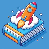 Cartoon Rocket Launching From Book Symbolizing Knowledge Education And Innovation vector