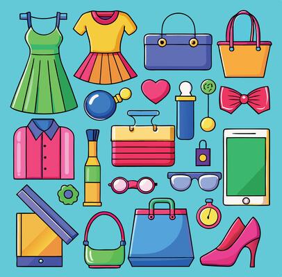Fashion Accessories And Clothing Flat Lay Colorful Illustration On Light Blue Background