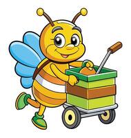 Happy Cartoon Bee Character Pushing A Trolley With Honey On White Background vector