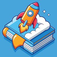 Cartoon Rocket Launching From Book Imagination And Knowledge Graphic Illustration vector