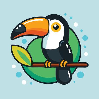 Cute Toucan Bird Cartoon Character Illustration On Branch With Leaf Graphic