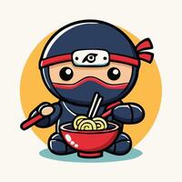Cute Ninja Cartoon Character Enjoying A Bowl Of Noodles With Chopsticks vector