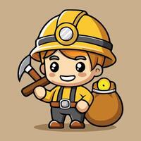 Cute Cartoon Miner Character With Pickaxe And Sack Of Golden Nuggets vector