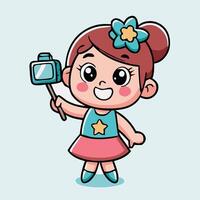 Cheerful Cartoon Girl Taking A Selfie With A Camera Illustration Design vector