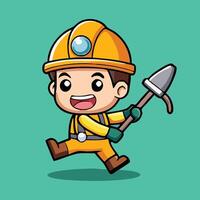 Cartoon Miner Character Mascot With Pickaxe Tool Running With Cheerful Expression vector