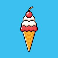 Cartoon Style Ice Cream Cone With Cherry Topping On Blue Background vector
