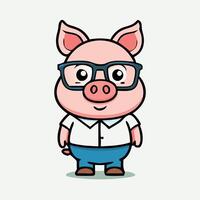 Cute Cartoon Pig Character Wearing Glasses And Casual Clothes Illustration Design vector