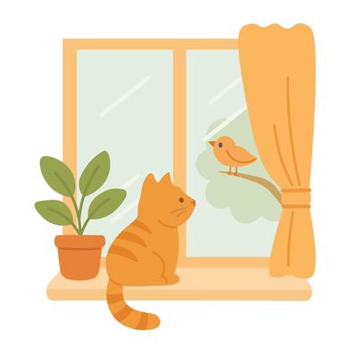 illustration of a cute orange cat sitting on windowsill and looking at bird on branch.