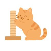illustration of a happy orange cat using scratching post with joyful expression and closed eyes. vector