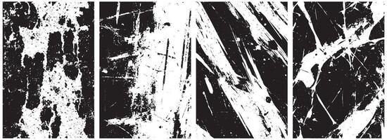 Chaotic Grunge Texture Set, Abstract Black and White Paint Splatter, Scratched, and Distressed Surface Backgrounds vector