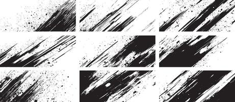 Diagonal Grunge Ink Brush Stroke Textures with Splatter, High Contrast Abstract Set vector
