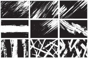 Abstract Grunge Brush Stroke and Scratch Texture Set, High-Contrast Black and White Ink Splatter Backgrounds vector