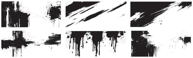 Grunge Ink Brush Strokes and Drips Texture Set, Abstract Black Paint Splatter Elements on White Background vector