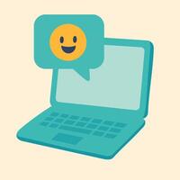 Flat of laptop and smiling emoji in chat bubble, symbolizing friendly and happy online messages. vector