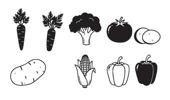 Versatile vegetables illustration collection featuring intricate carrot, broccoli, onion, bell pepper, tomato, and potato designs for graphic projects vector