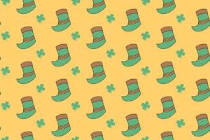 leprechaun boot with clover colorful pattern on yellow background. doodle patrick shoes with celtic symbol seamless pattern background. patrick boot seamless pattern for saint patrick merchandise vector
