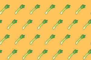 leek vegetable colorful pattern on yellow background. doodle leek kate symbol seamless pattern background. fresh leeks seamless pattern for farmer, agricultural, groceries, vegan vector