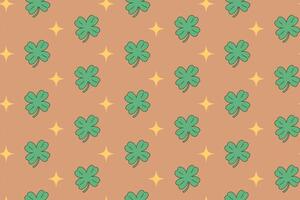 green shamrock with light colorful pattern on brown background. doodle clover leaf with star symbol seamless pattern background. patrick lucky leaf seamless pattern for saint patrick merchandise vector