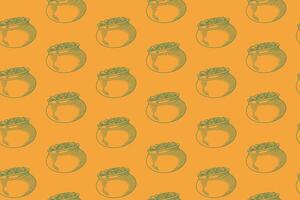 pot pf golds doodle seamless pattern on yellow background. jug of golden coins engraving pattern background. retro golds of pot background for saint patrick's day merchandise vector